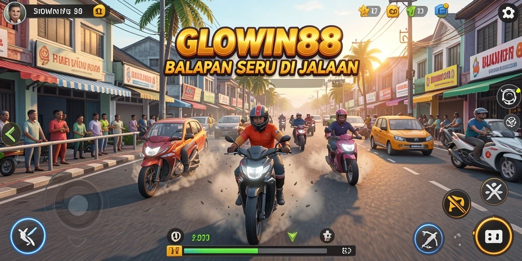 Gambar gameplay GLOWIN88 dengan mobil balap di trek yang menantang.