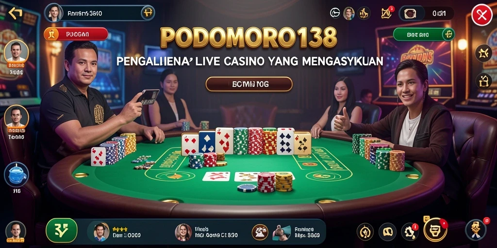Screenshot gameplay PODOMORO138 dengan dealer live dan suasana kasino mendebarkan.